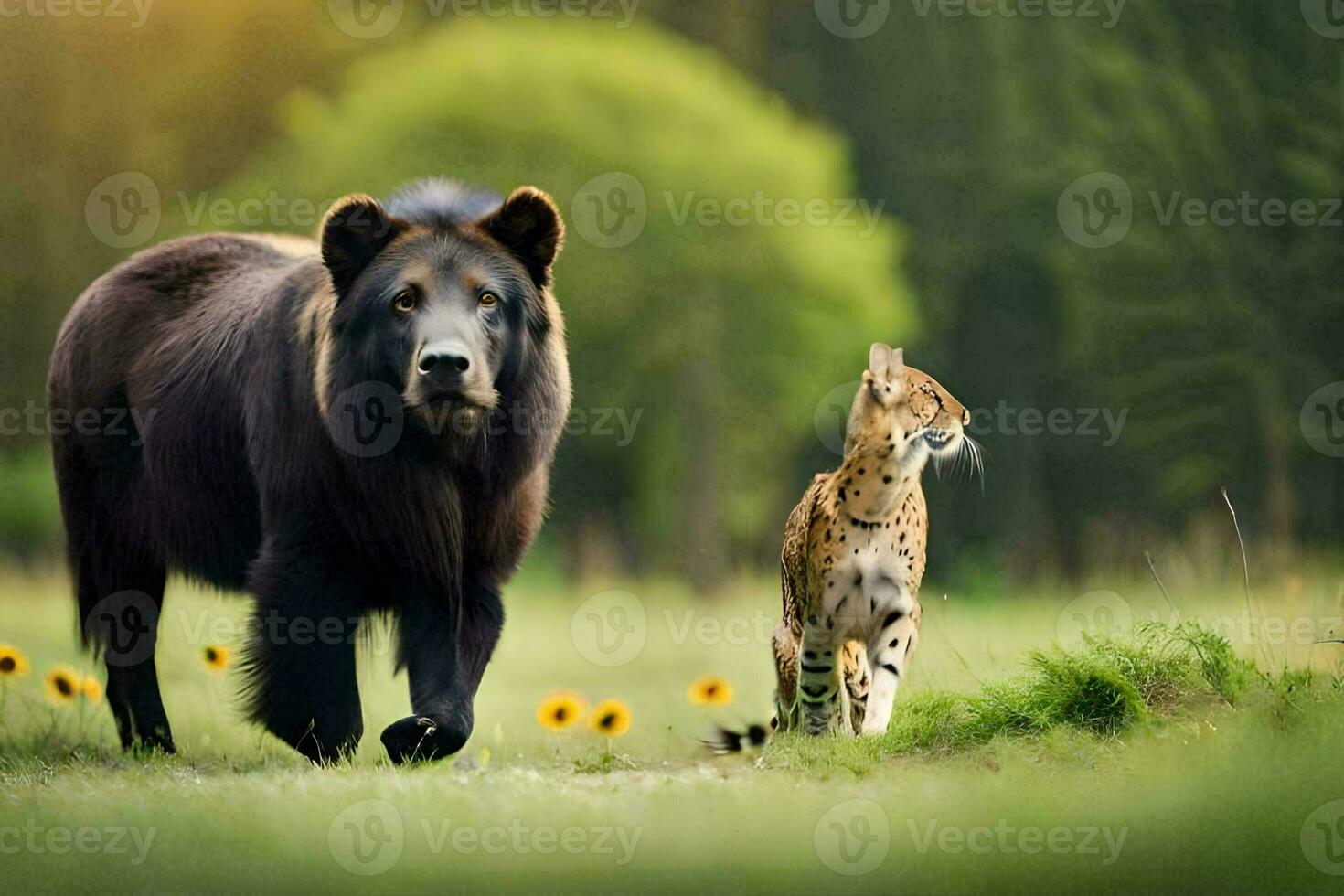 uma Castanho Urso e uma guepardo andar dentro a grama. gerado por IA foto