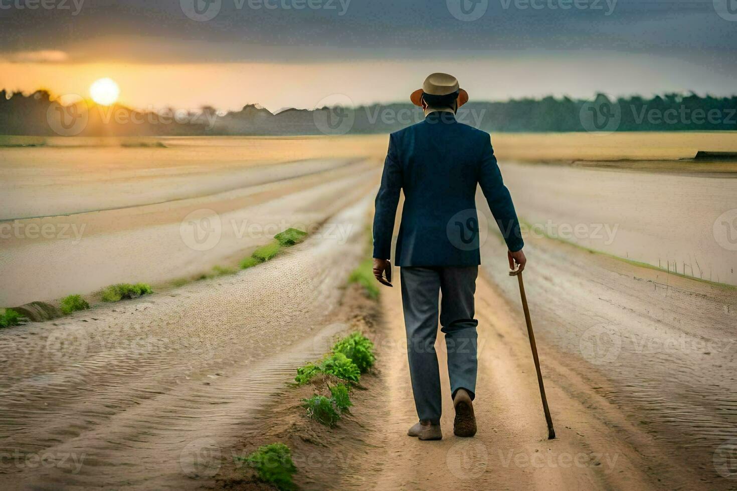 uma homem caminhando baixa uma sujeira estrada com uma bengala. gerado por IA foto