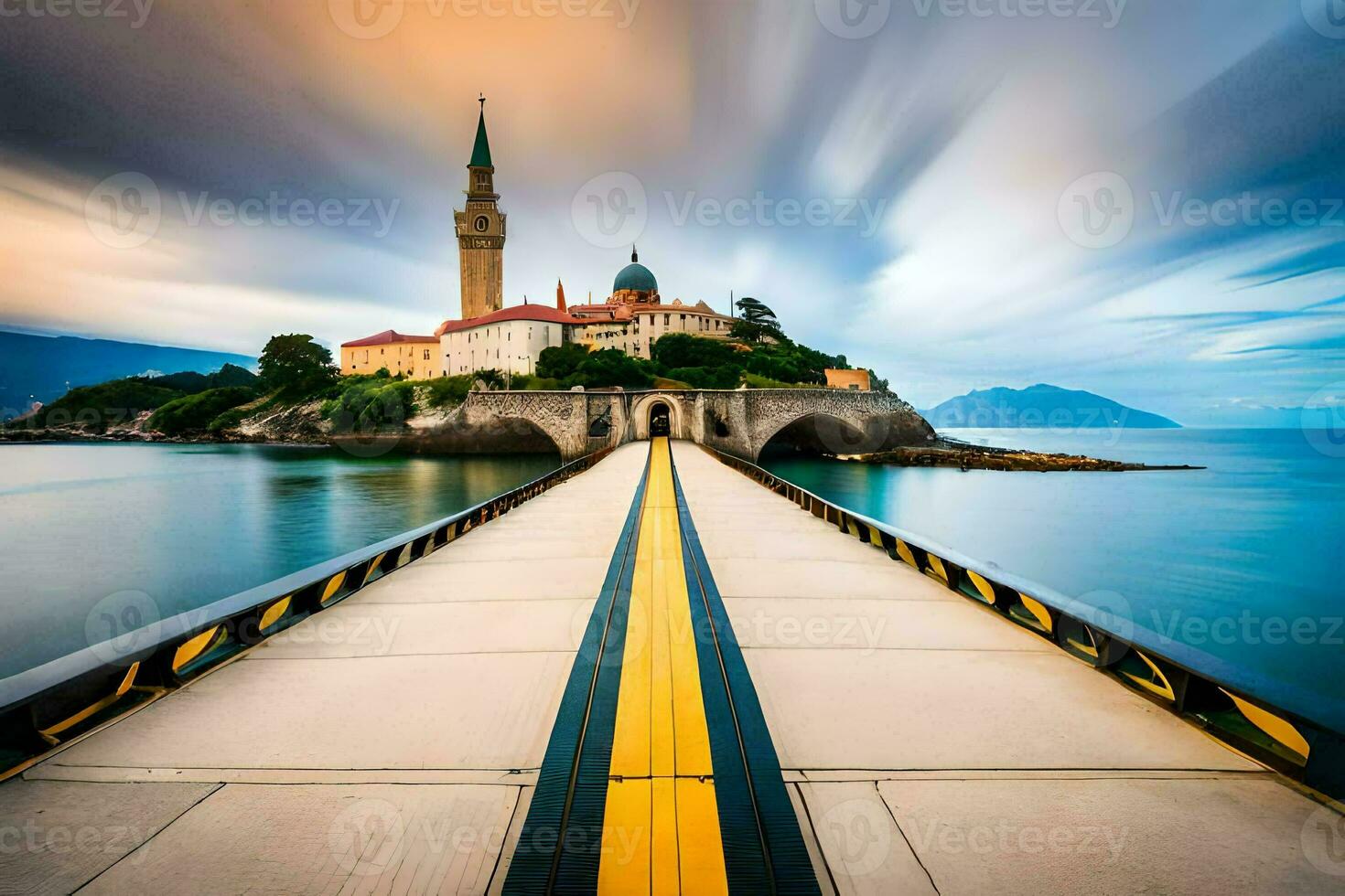 uma grandes exposição foto do uma ponte sobre água com uma Igreja dentro a fundo. gerado por IA