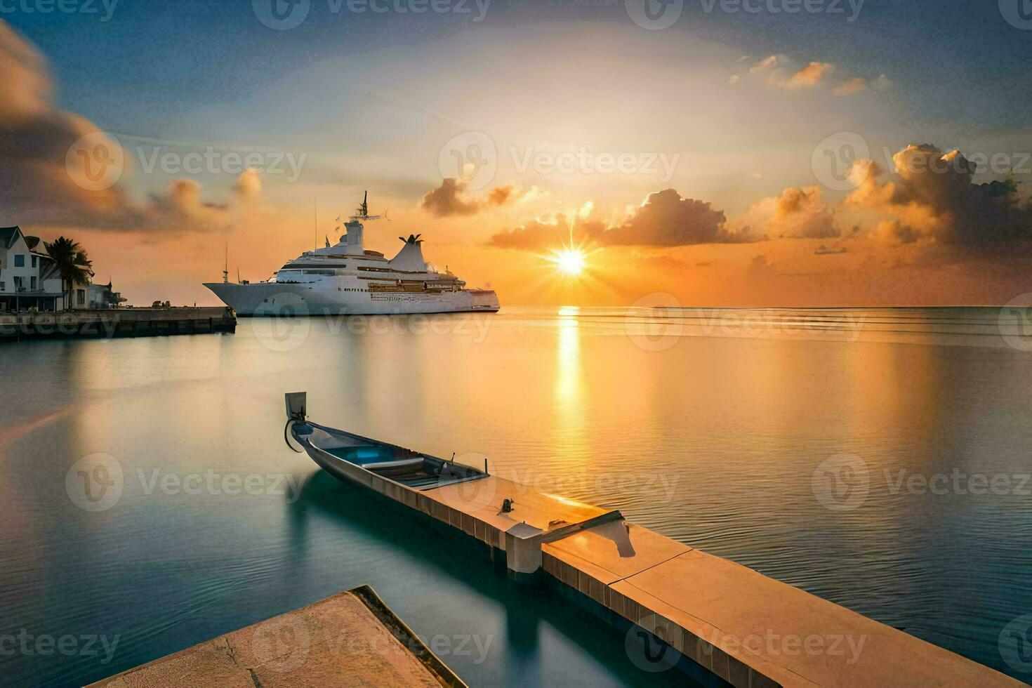 uma barco ancorado às a doca às pôr do sol. gerado por IA foto