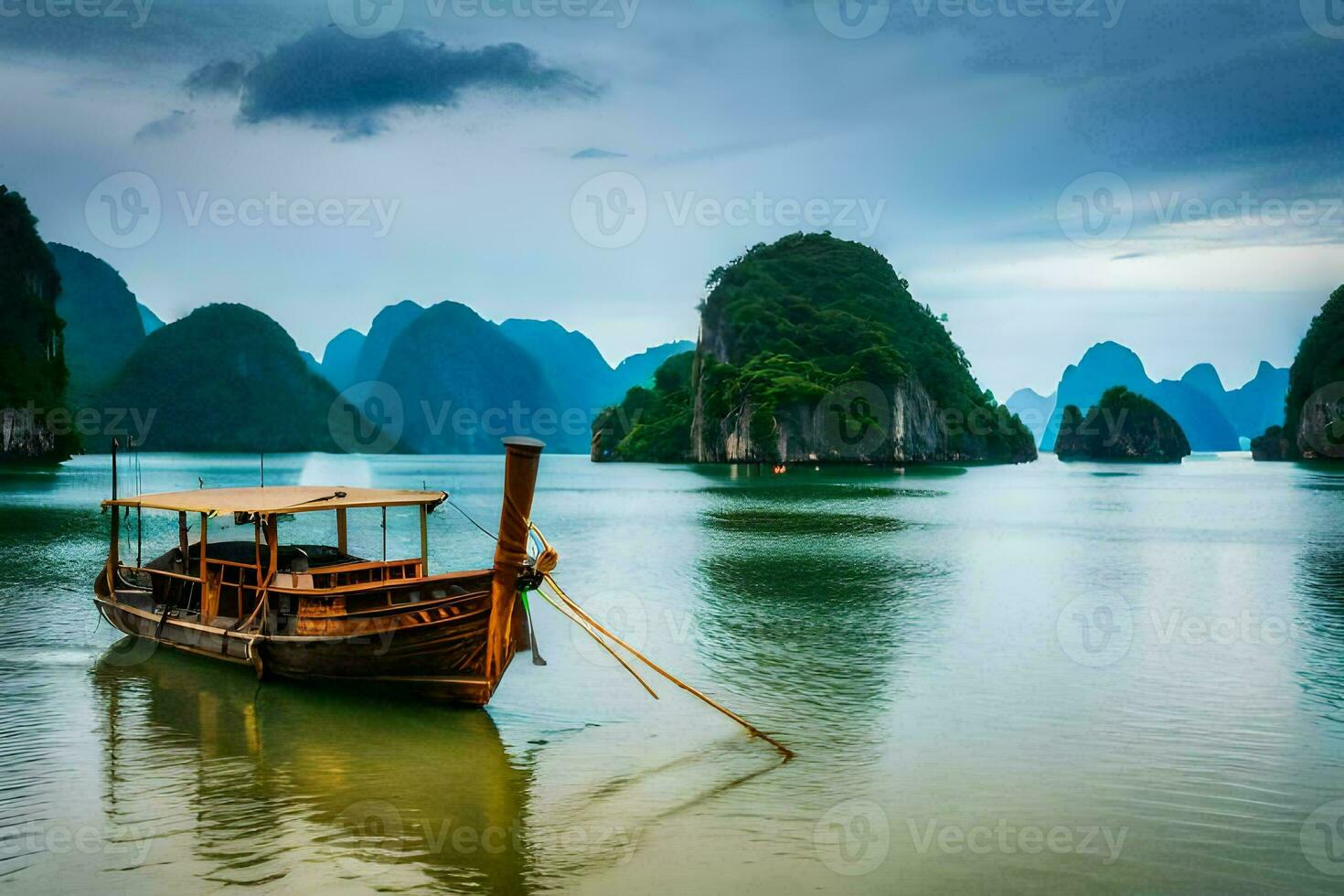 uma barco dentro a água perto montanhas. gerado por IA foto