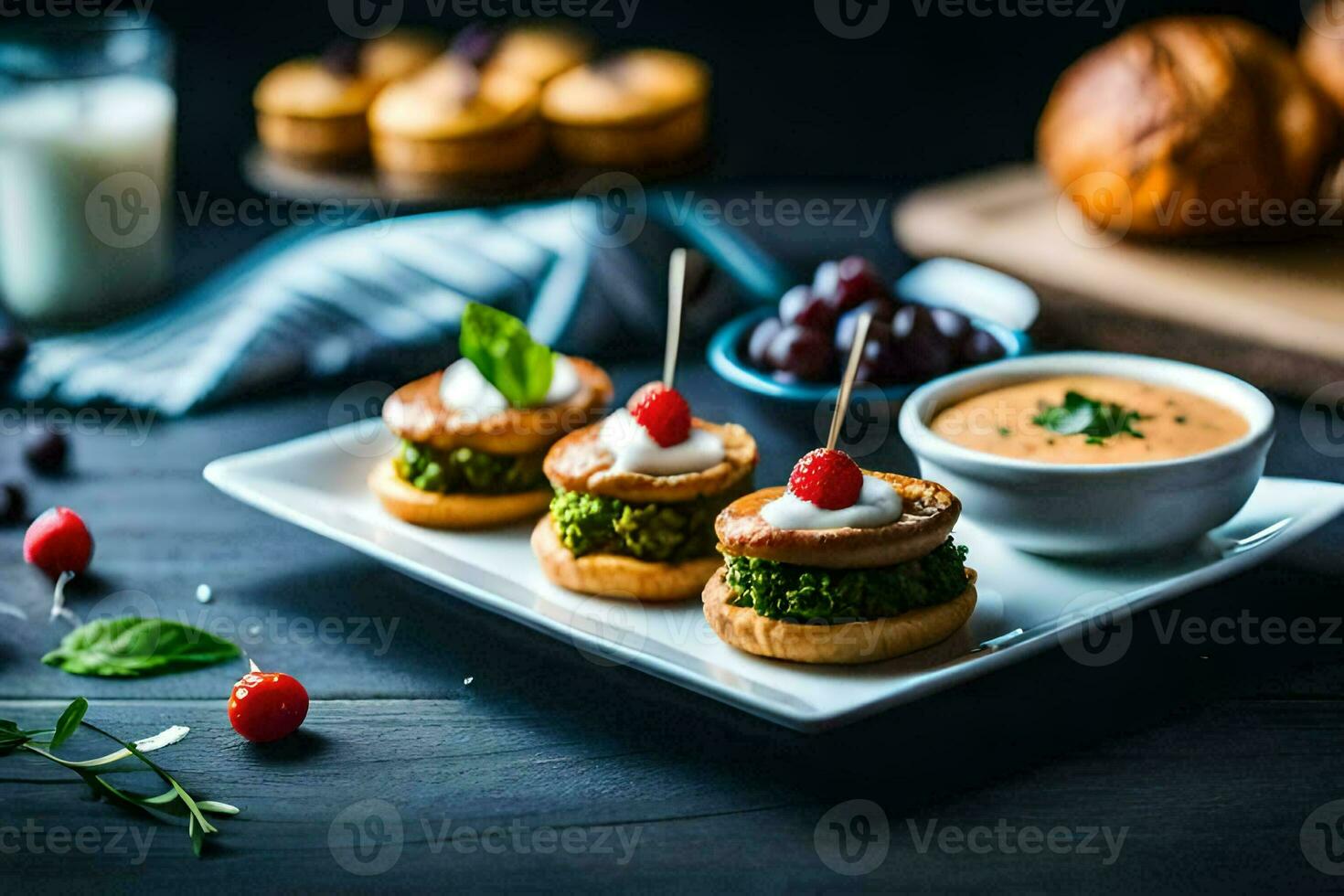 pequeno aperitivos em uma prato com uma vidro do leite. gerado por IA foto