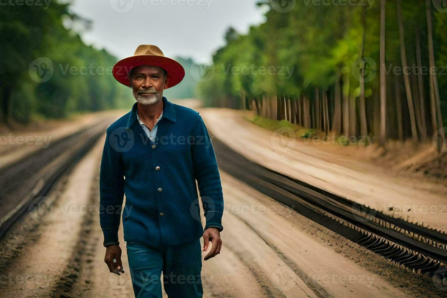 uma homem vestindo uma chapéu anda em ao longo uma Ferrovia acompanhar. gerado por IA foto