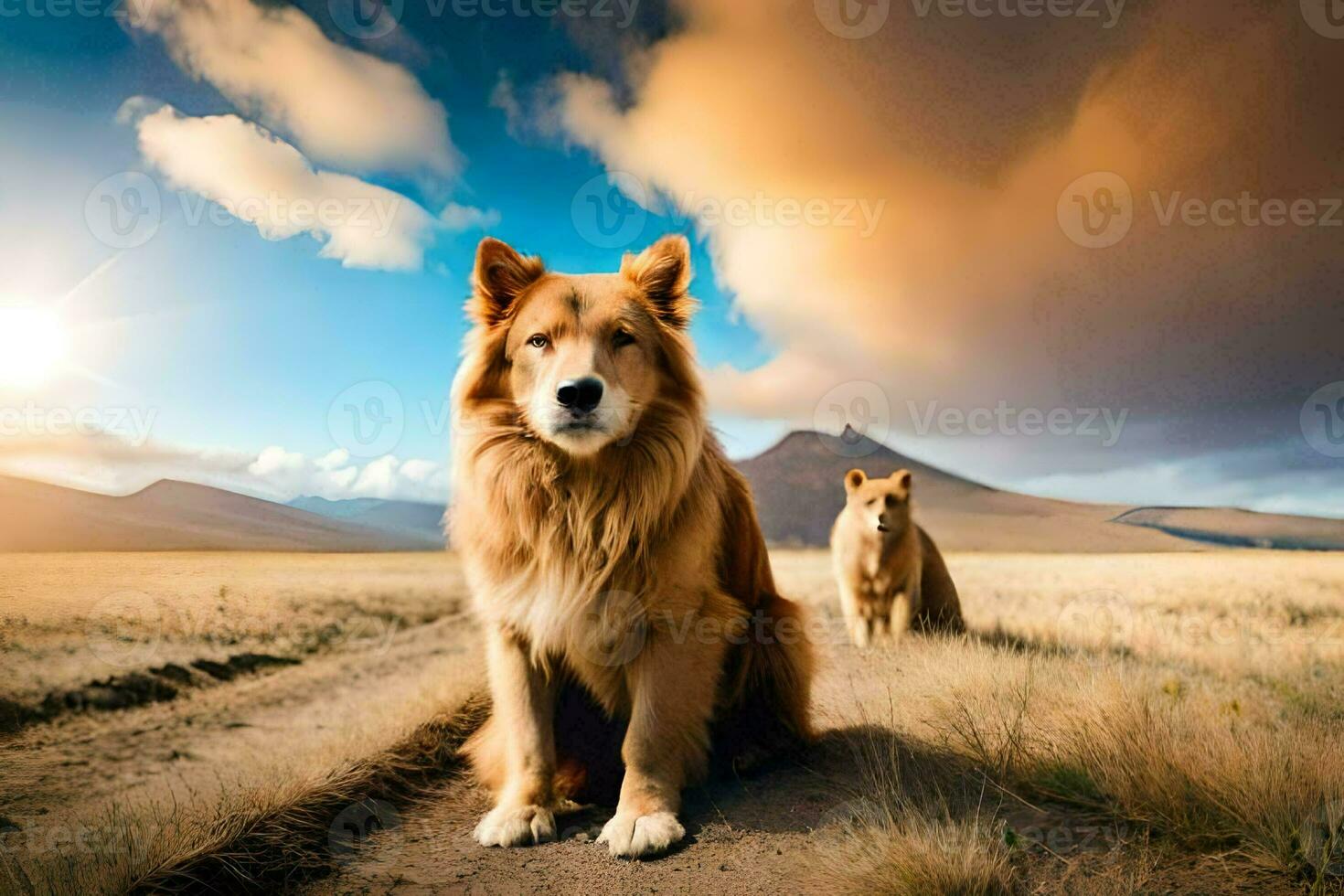 dois cachorros estão em pé dentro a meio do uma campo. gerado por IA foto