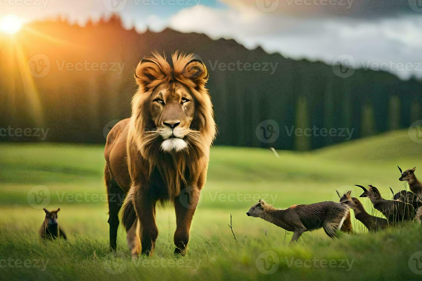 uma leão e uma grupo do animais dentro uma campo. gerado por IA foto