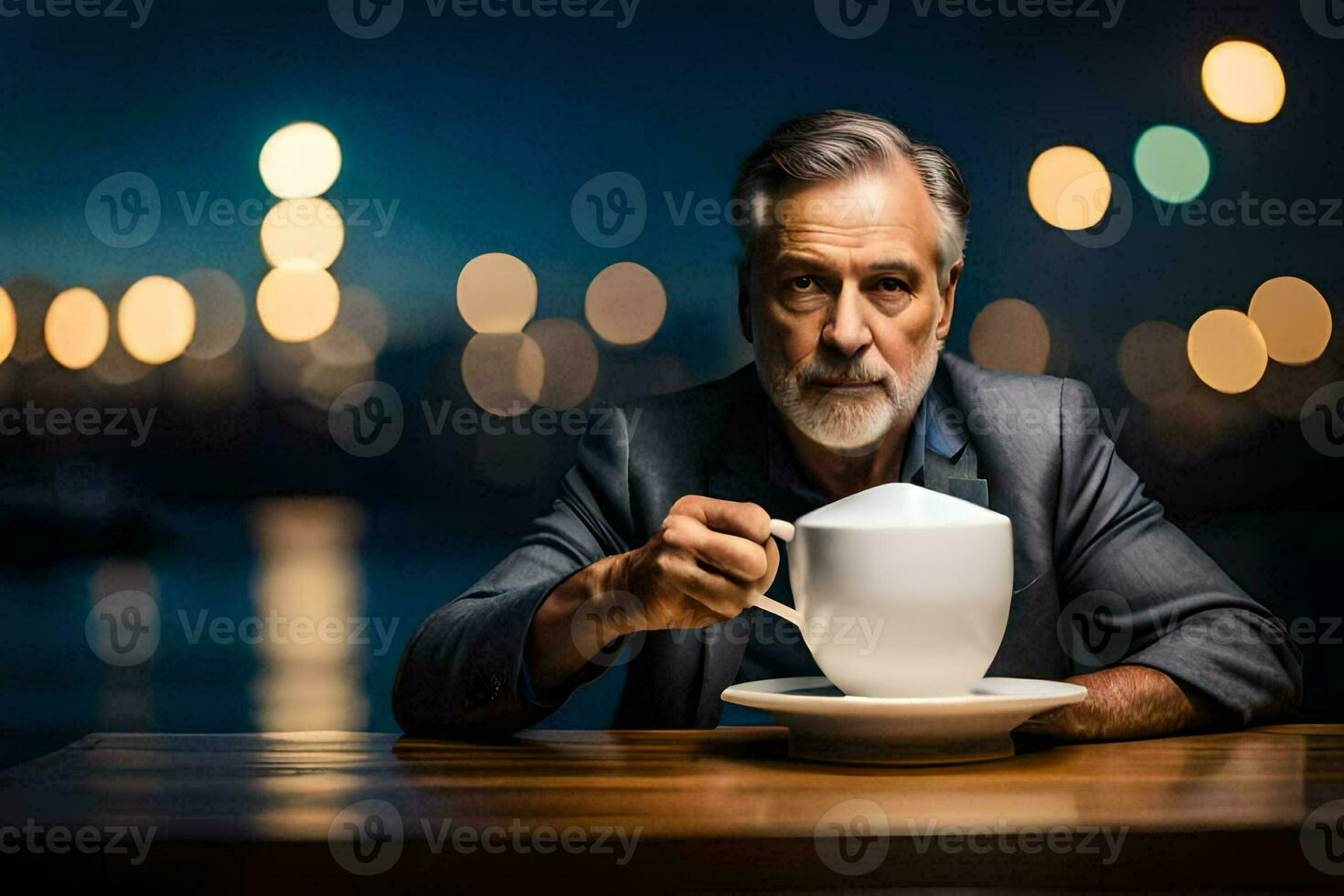 a Mais velho homem dentro uma terno segurando uma copo do café. gerado por IA foto