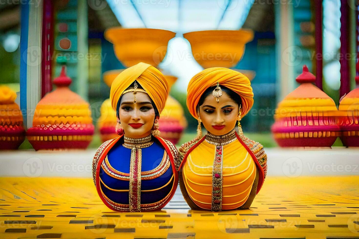 dois estátuas do mulheres dentro colorida roupas. gerado por IA foto