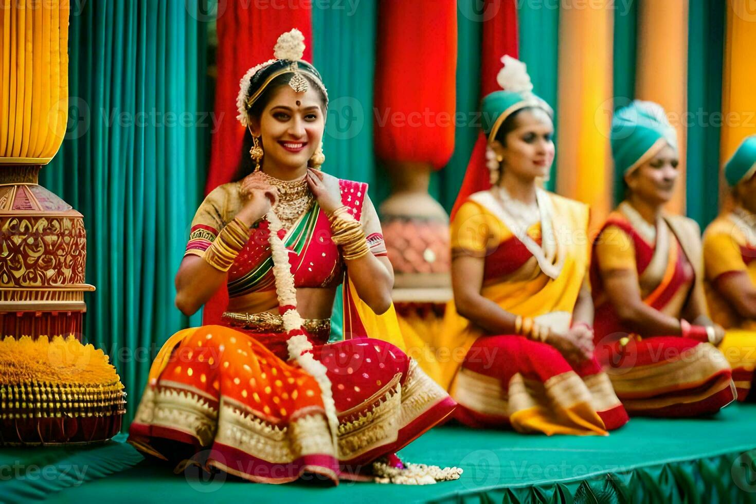 indiano mulheres dentro colorida tradicional traje. gerado por IA foto