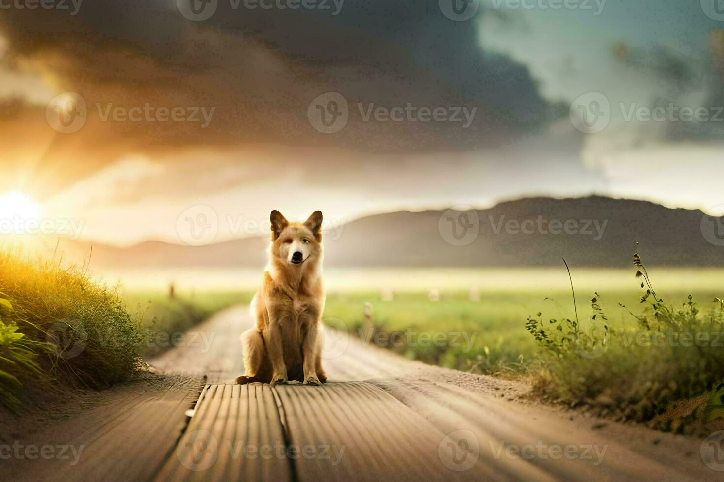 uma cachorro sentado em uma de madeira caminho dentro a meio do uma campo. gerado por IA foto