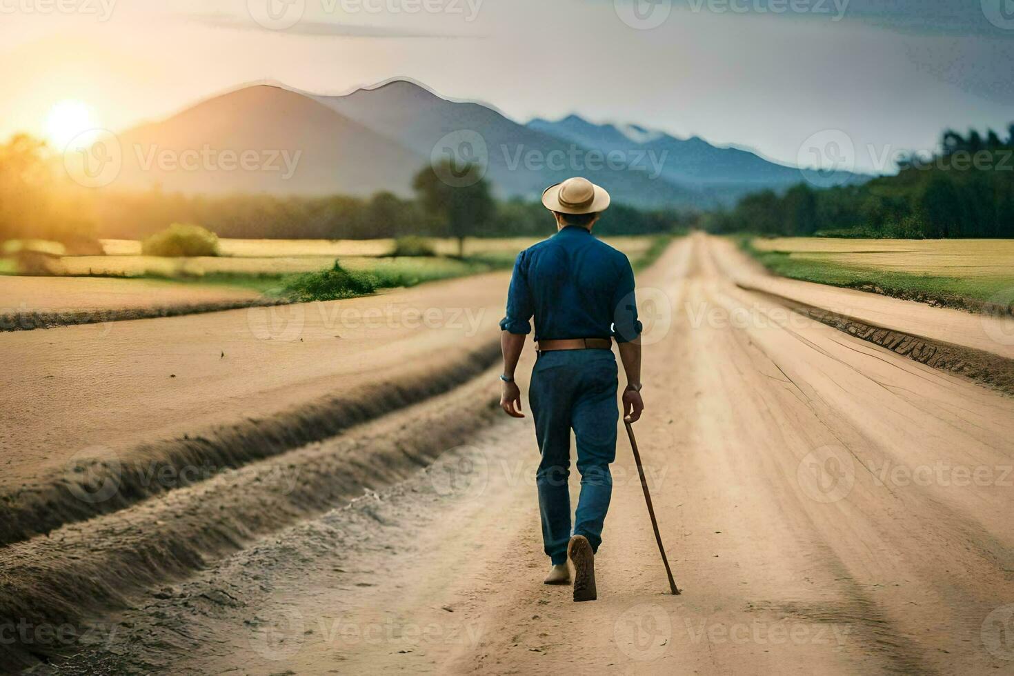 uma homem caminhando baixa uma sujeira estrada com uma bengala. gerado por IA foto