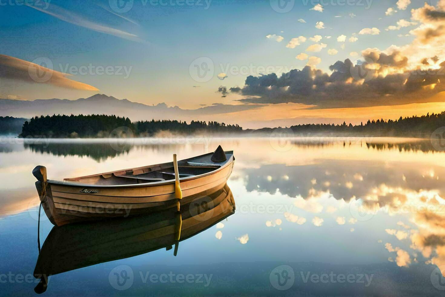 uma barco senta em a água às pôr do sol. gerado por IA foto