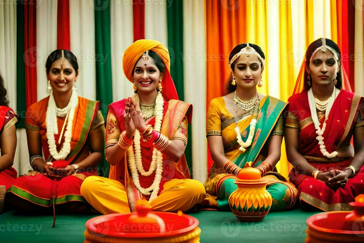 indiano mulheres dentro tradicional vestuário sentado em a chão com velas. gerado por IA foto