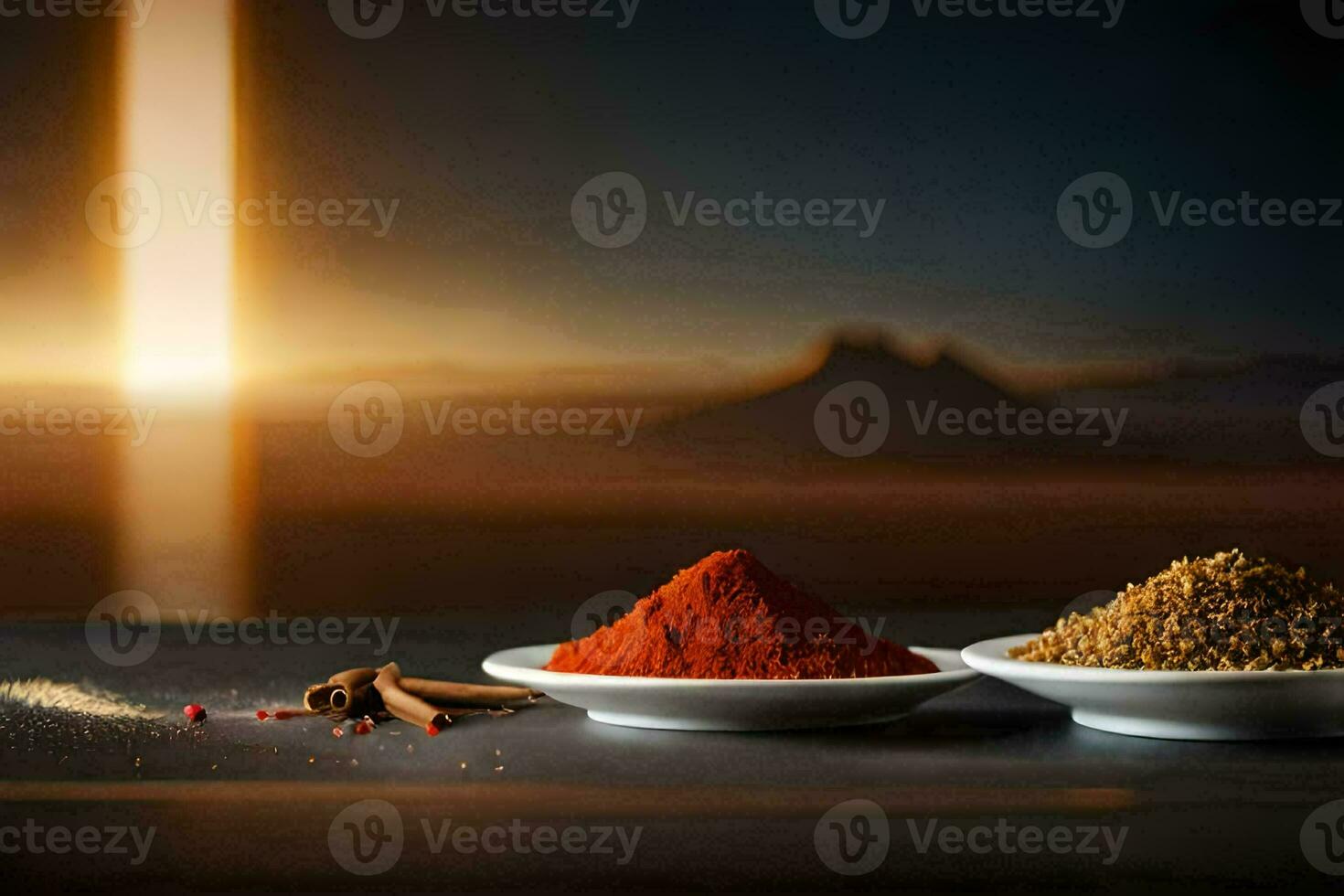 especiarias e especiarias em uma mesa com uma pôr do sol dentro a fundo. gerado por IA foto