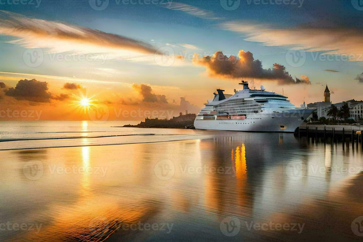 uma cruzeiro navio ancorado às a de praia às pôr do sol. gerado por IA foto