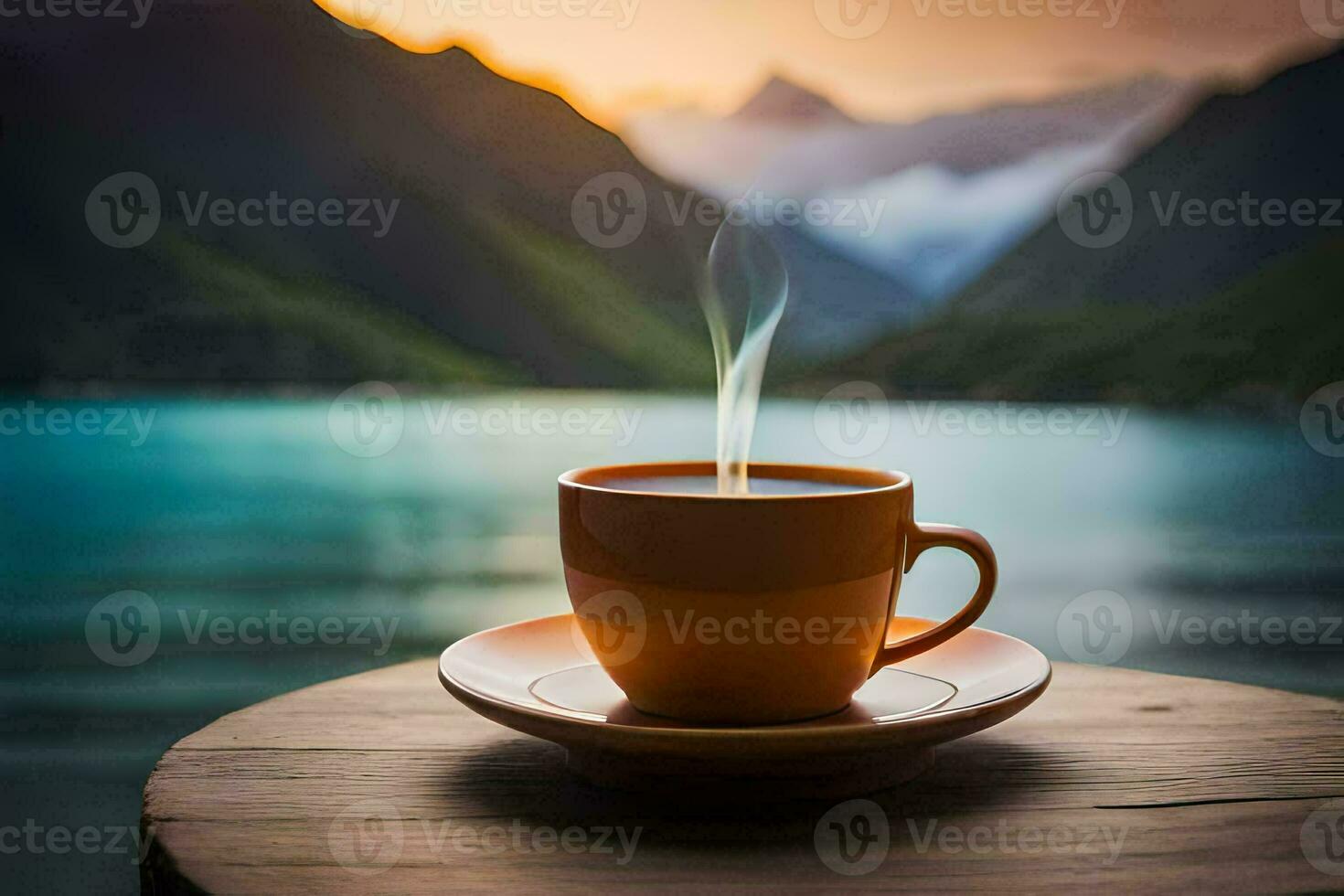 café xícara, montanha, lago, nascer do sol, nascer do sol, nascer do sol, nascer do sol, nascer do sol, nascer do sol. gerado por IA foto