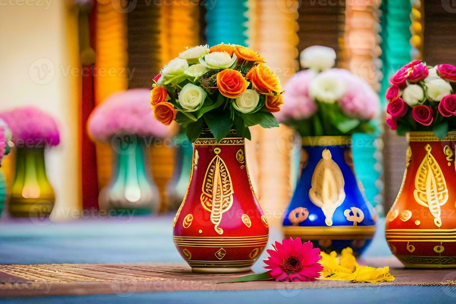 colorida vasos com flores em uma mesa. gerado por IA foto