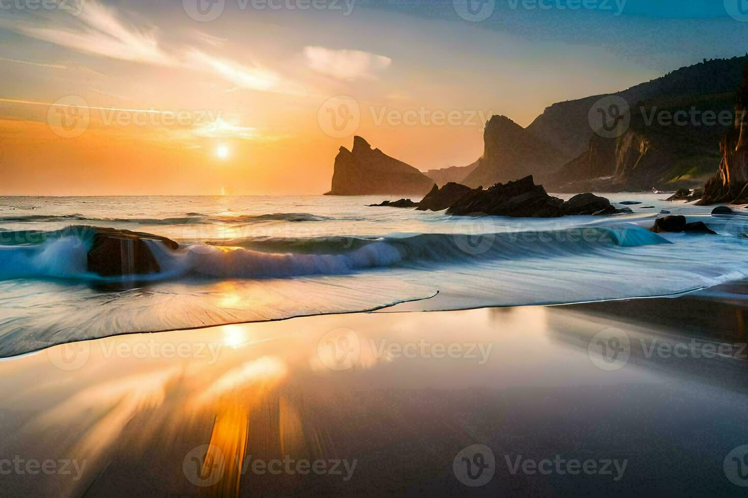 a Sol conjuntos sobre a oceano e ondas. gerado por IA foto