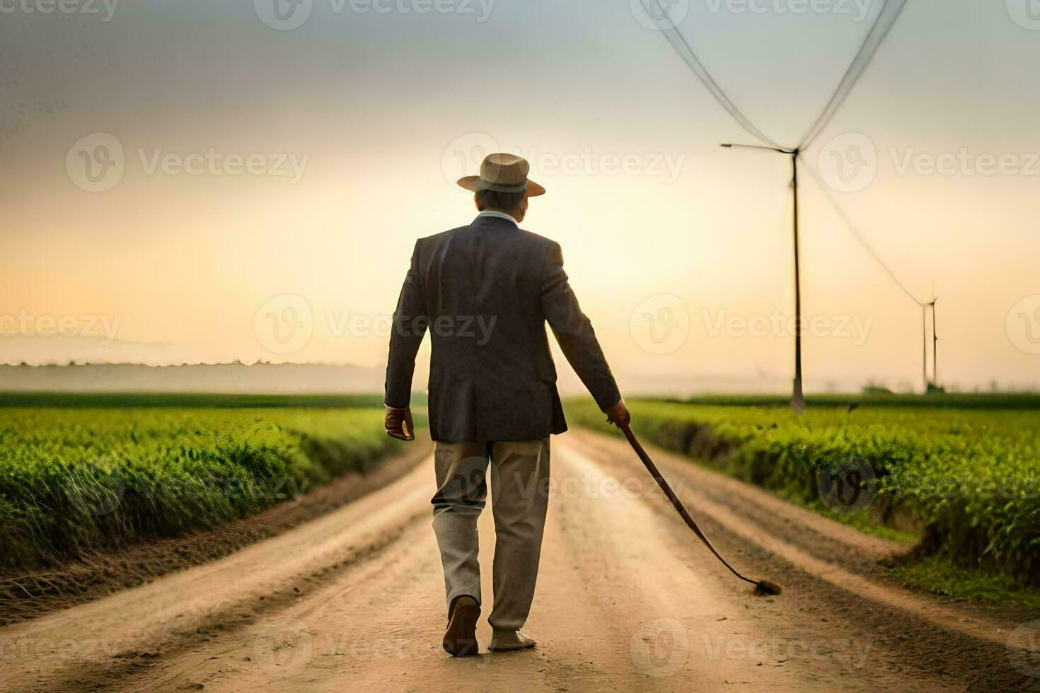 uma homem dentro uma terno caminhando baixa uma sujeira estrada. gerado por IA foto