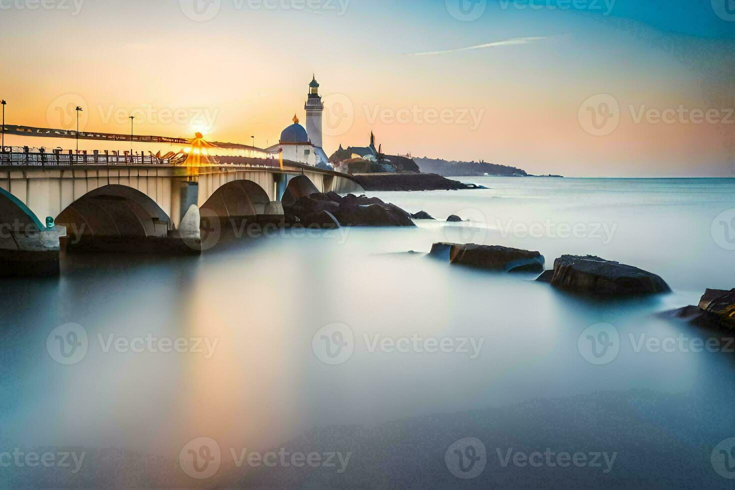 uma ponte sobre a oceano às pôr do sol. gerado por IA foto