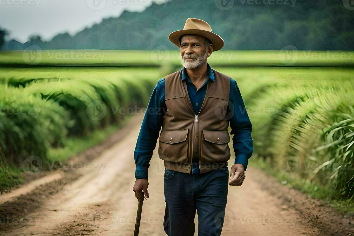 a velho homem caminhando através uma arroz campo. gerado por IA foto