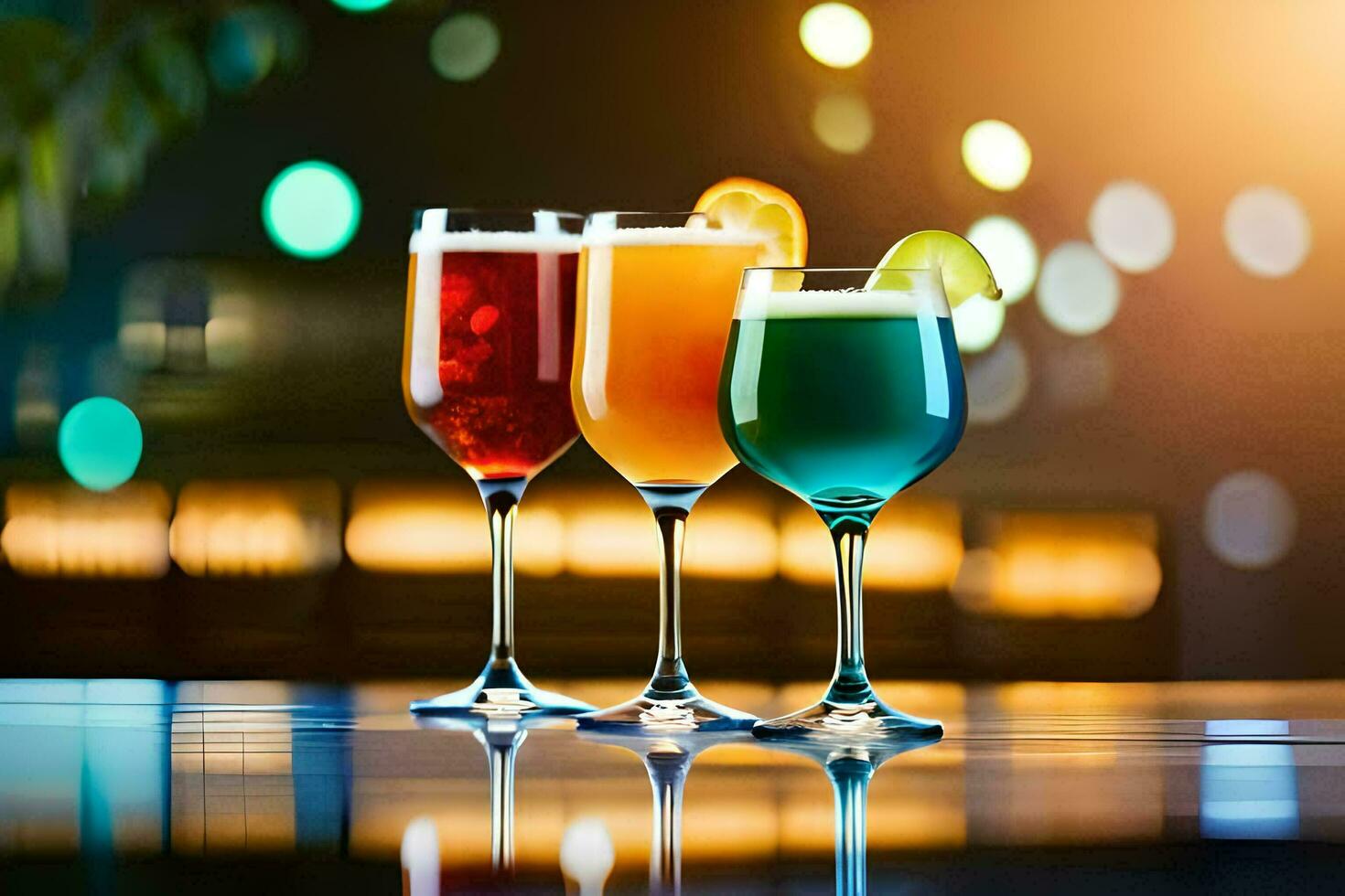 três óculos do diferente colori bebidas em uma mesa. gerado por IA foto