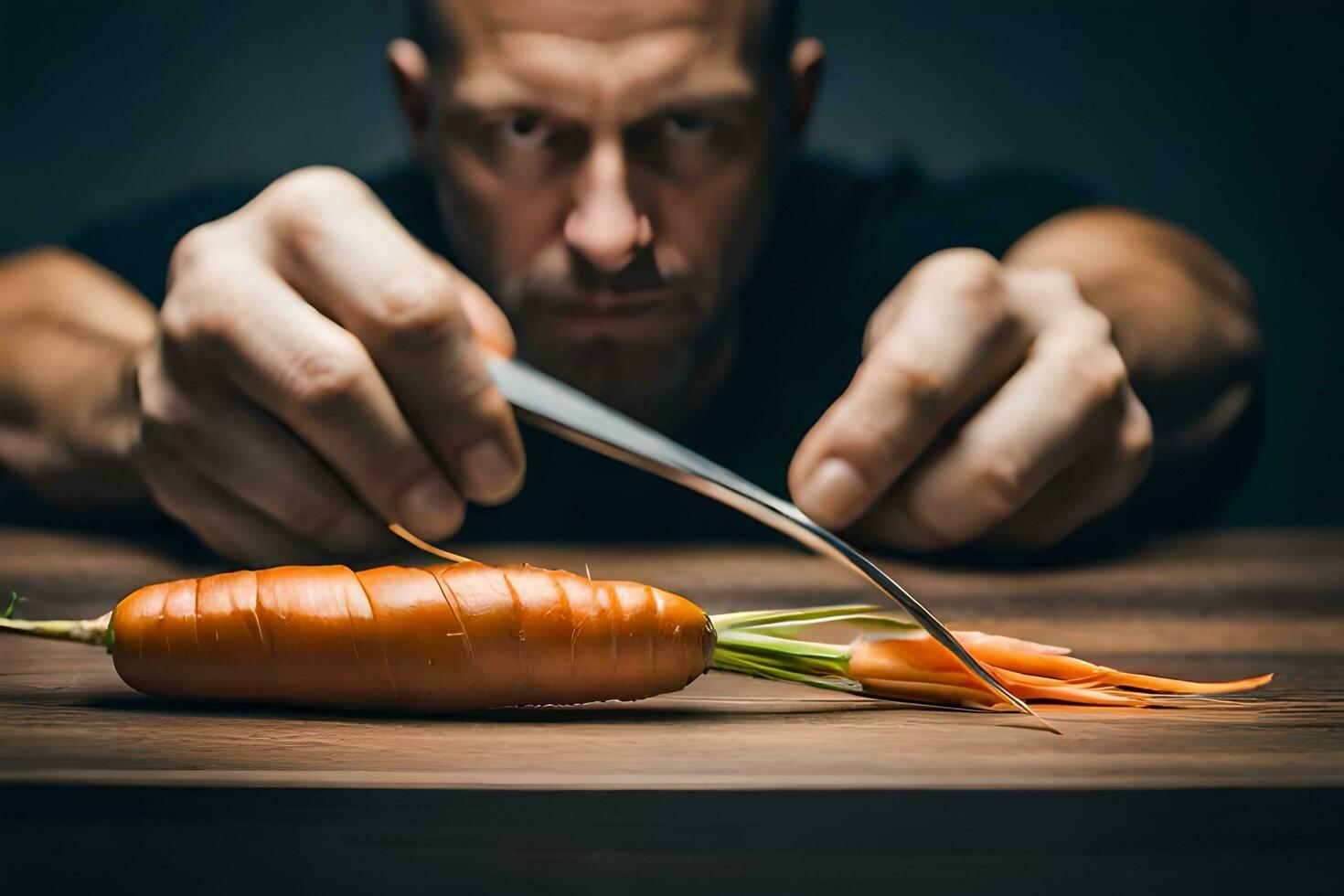 uma homem é segurando uma faca sobre uma cenoura. gerado por IA foto