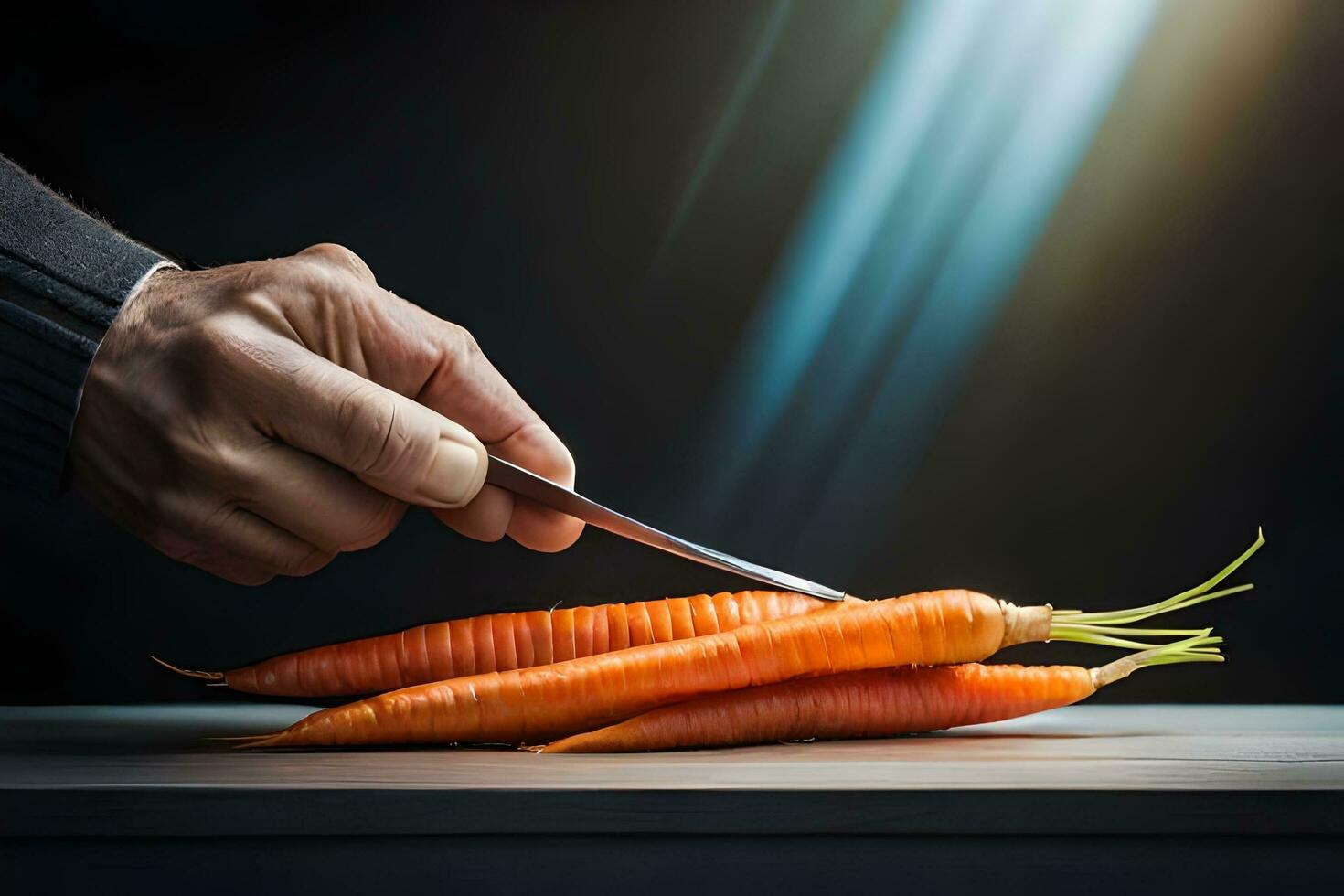 uma pessoa corte uma cenoura com uma faca. gerado por IA foto