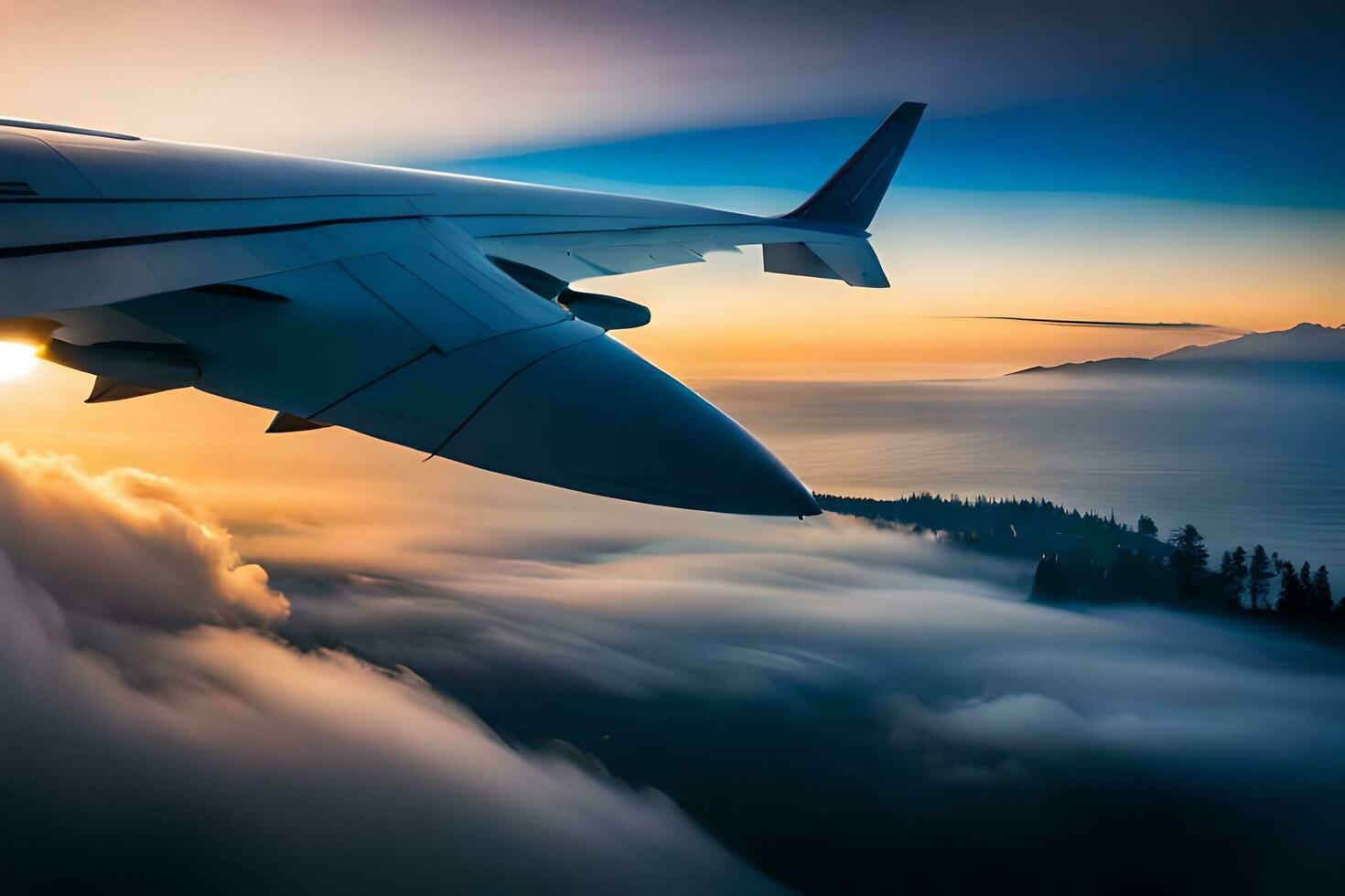 a avião asa vôo sobre a nuvens às pôr do sol. gerado por IA foto