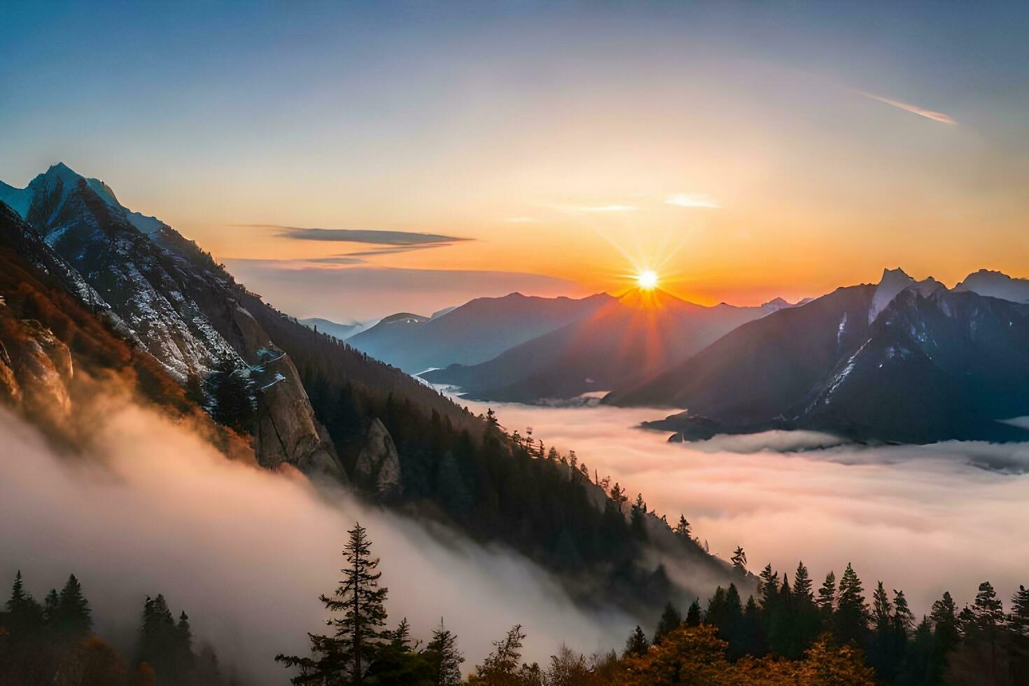 nascer do sol sobre a montanhas com névoa e árvores gerado por IA foto