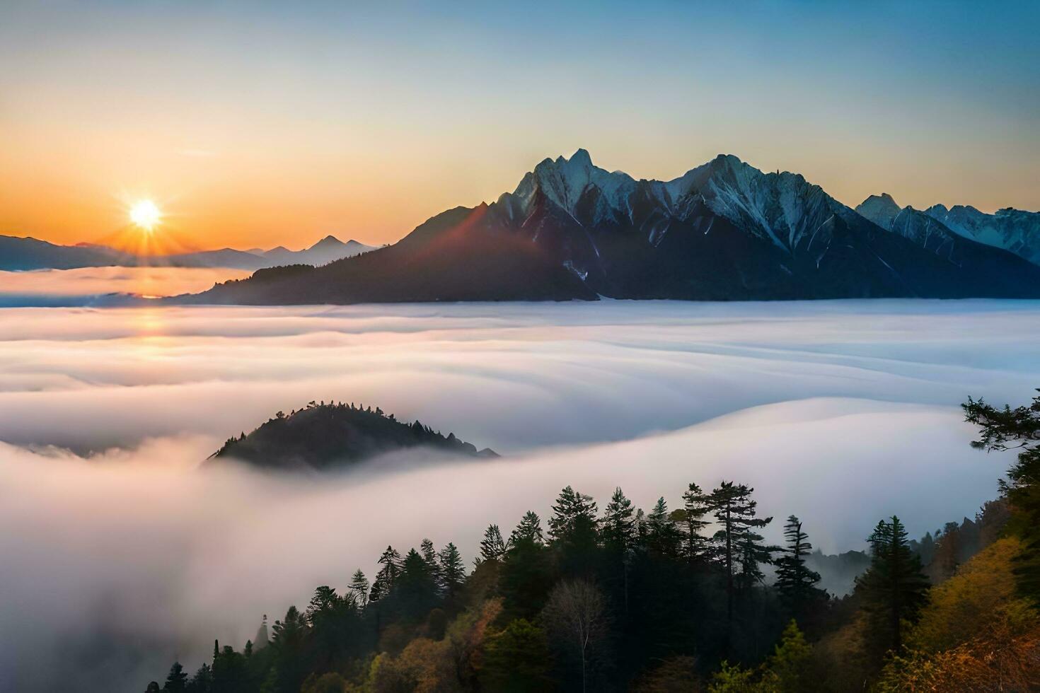 nascer do sol sobre a nuvens dentro a Alpes. gerado por IA foto
