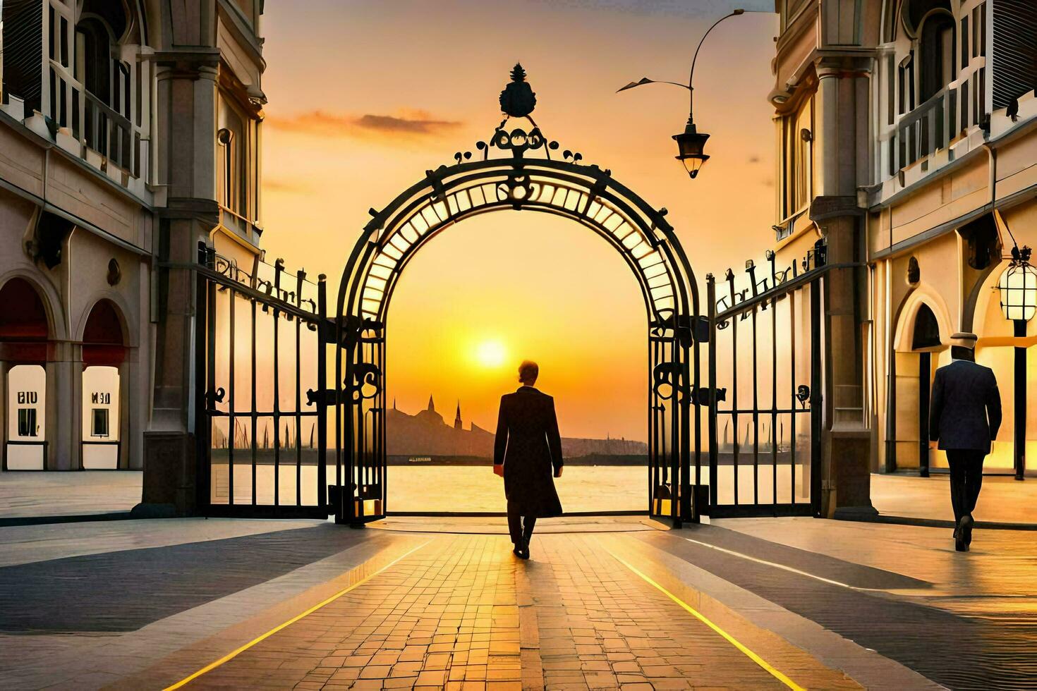 uma homem caminhando através a arco às pôr do sol. gerado por IA foto