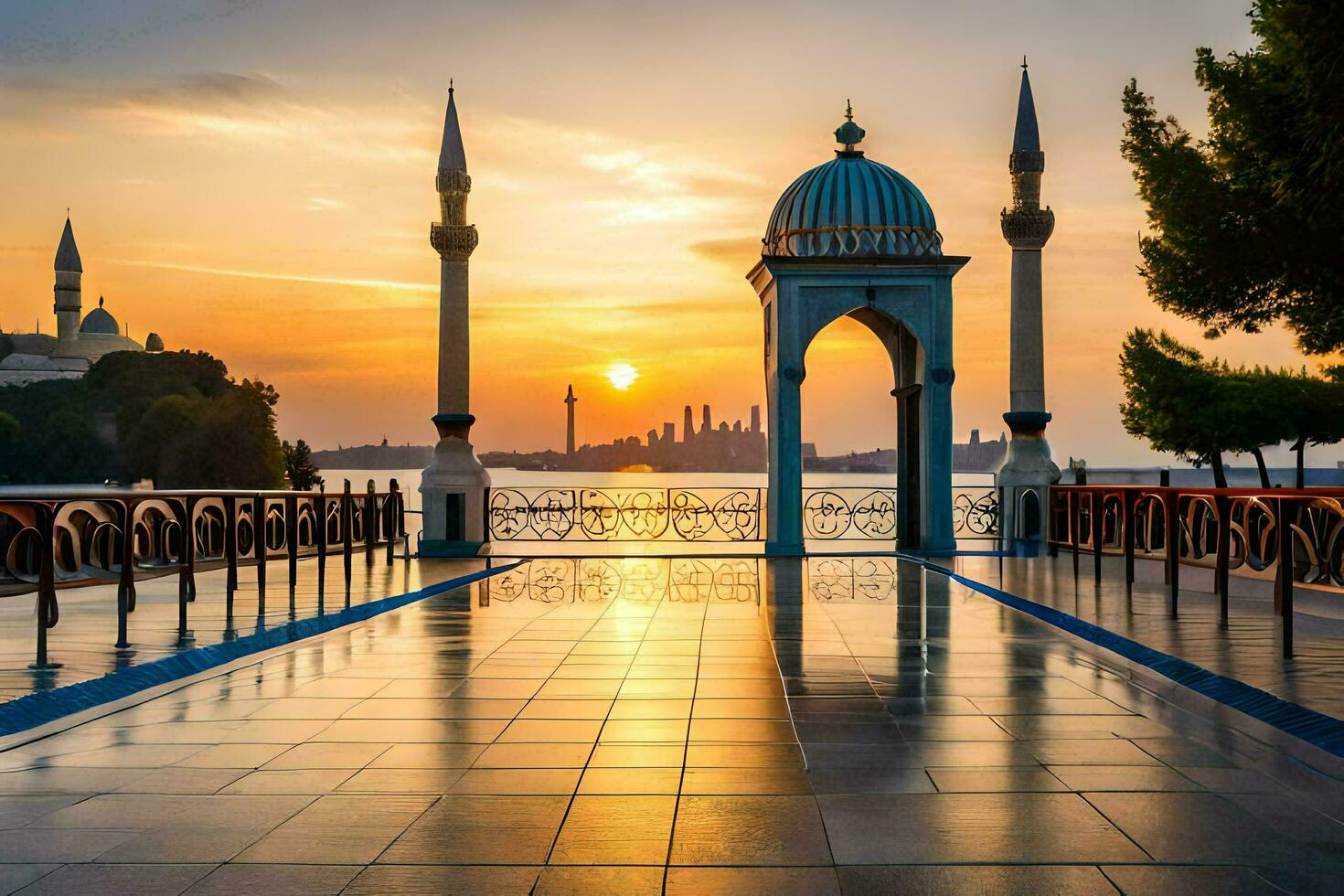a Sol conjuntos sobre a Istambul mesquita. gerado por IA foto