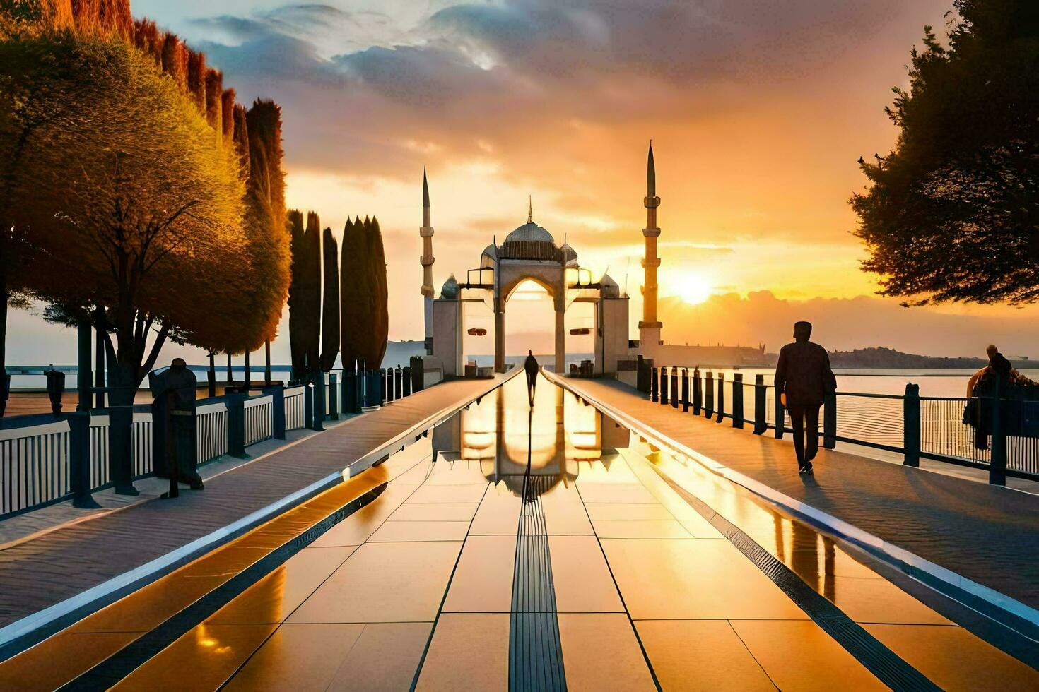 a Sol conjuntos sobre a água e uma mesquita. gerado por IA foto