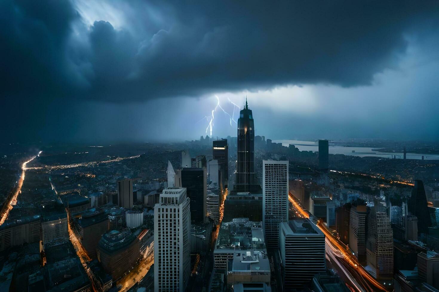 uma relâmpago parafuso greves sobre uma cidade Horizonte. gerado por IA foto