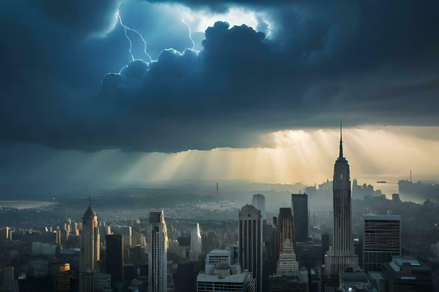 uma tormentoso céu sobre Novo Iorque cidade com raio. gerado por IA foto