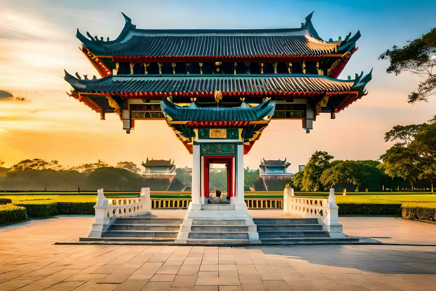 a chinês portão às a Entrada para a parque às pôr do sol. gerado por IA foto