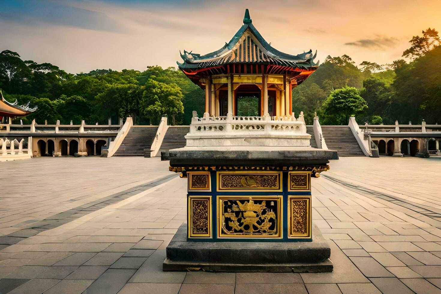 uma dourado pagode dentro a meio do uma parque. gerado por IA foto