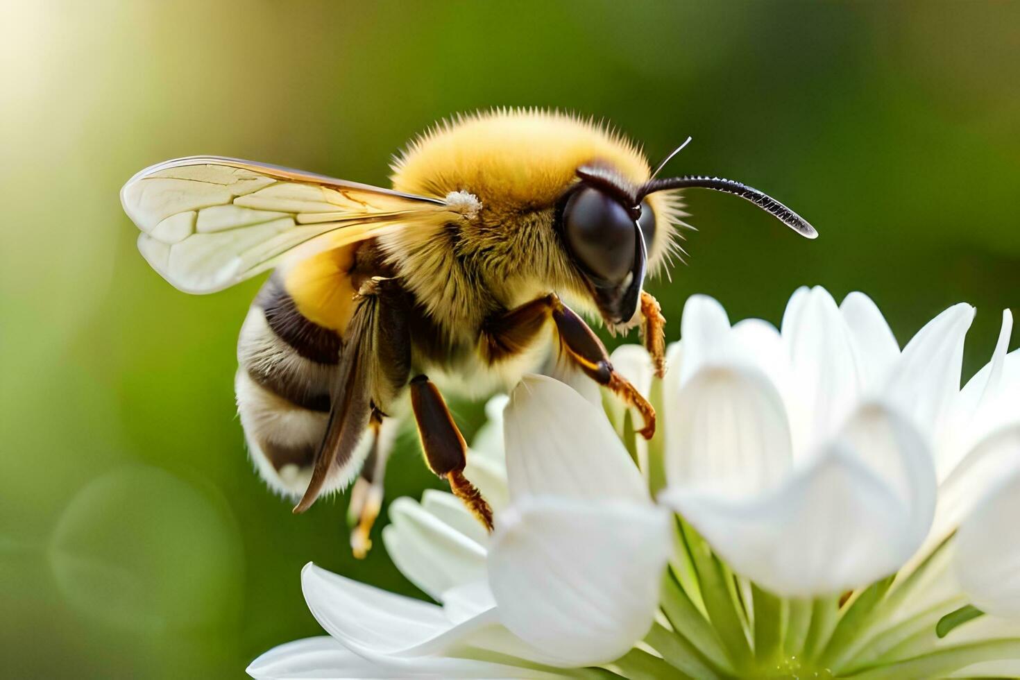 uma abelha é em uma branco flor com uma verde fundo. gerado por IA foto