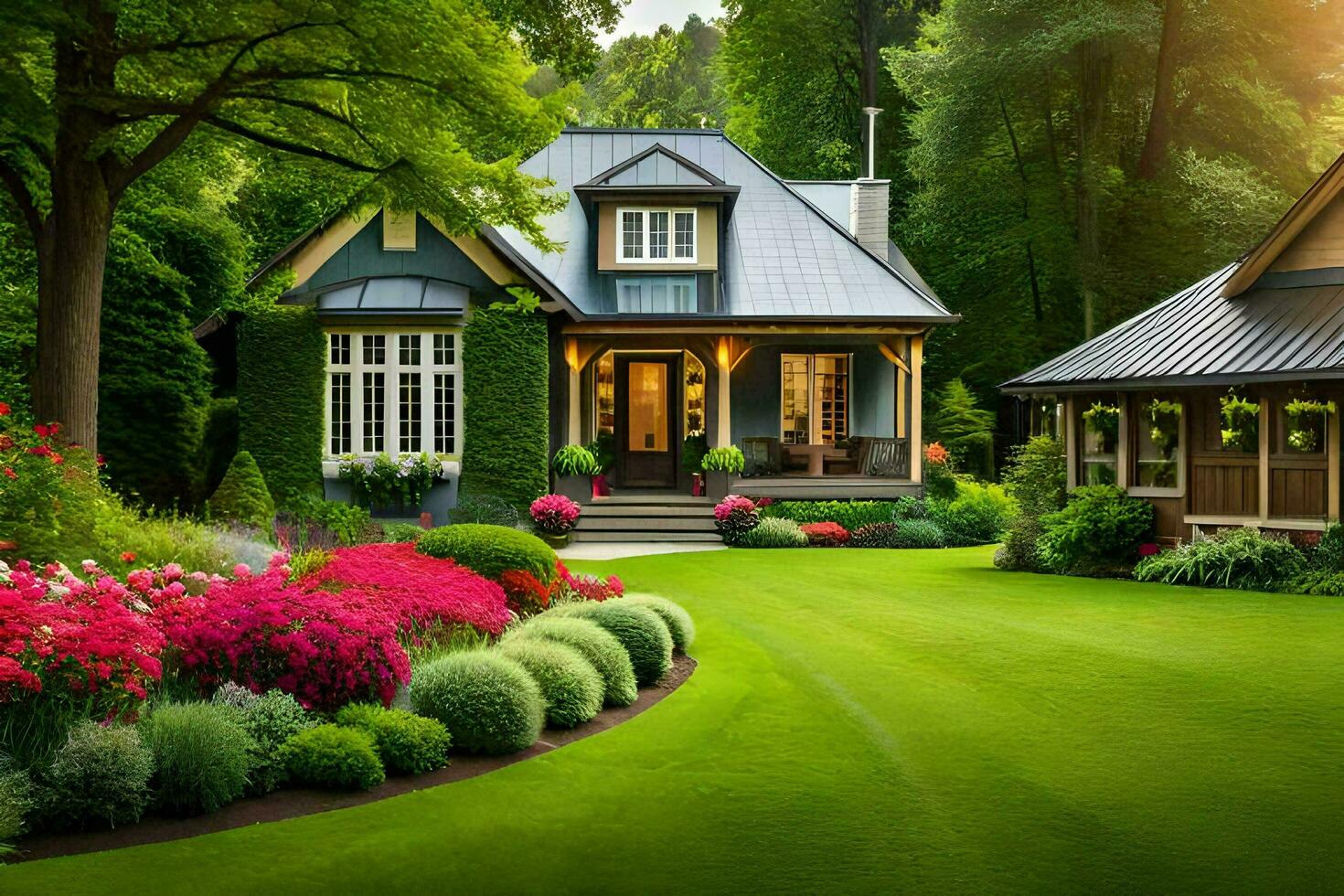 uma lindo jardim com flores e uma casa. gerado por IA foto