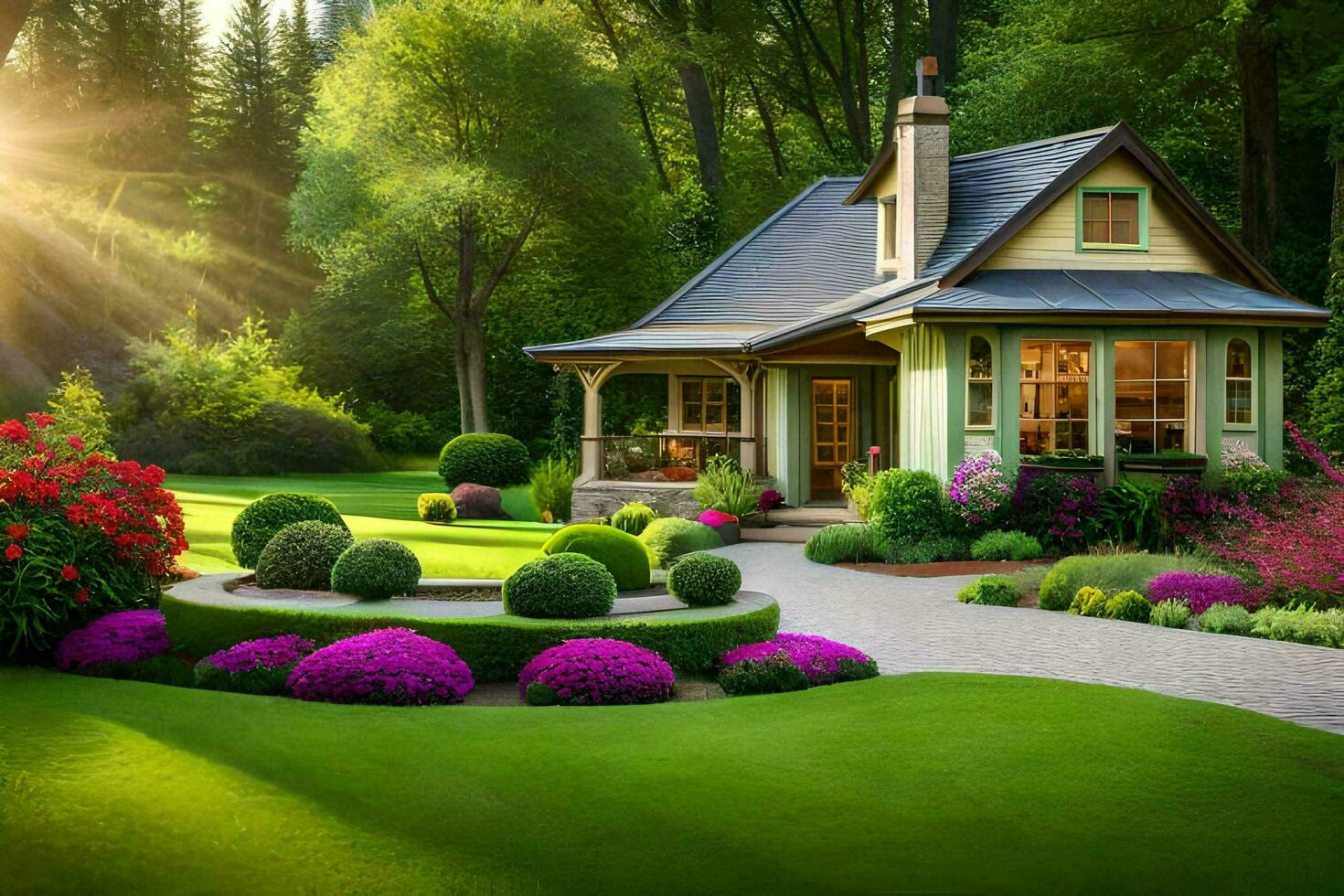 lindo jardim com casa e jardim dentro a Sol. gerado por IA foto
