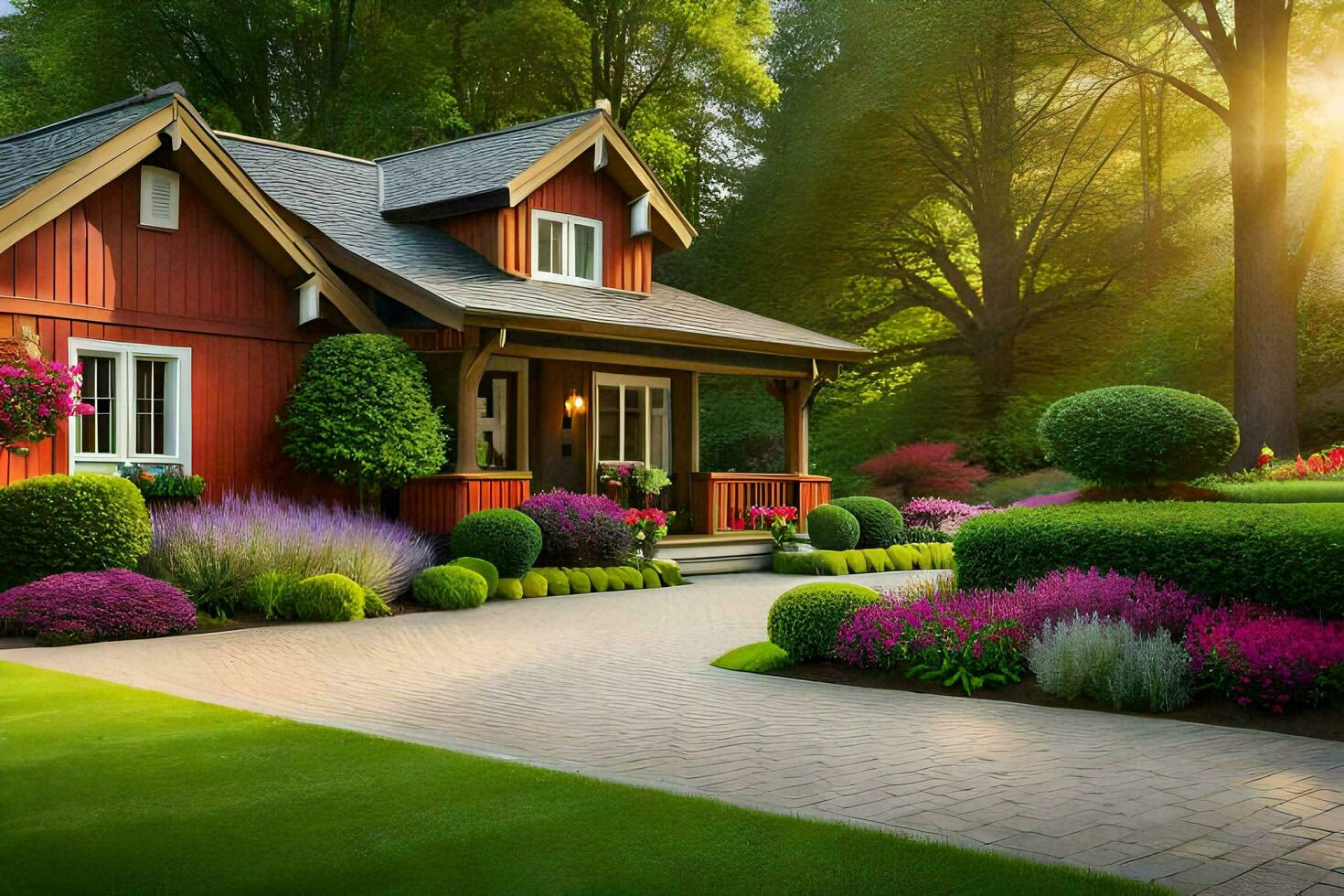 uma vermelho casa com uma jardim e flores gerado por IA foto