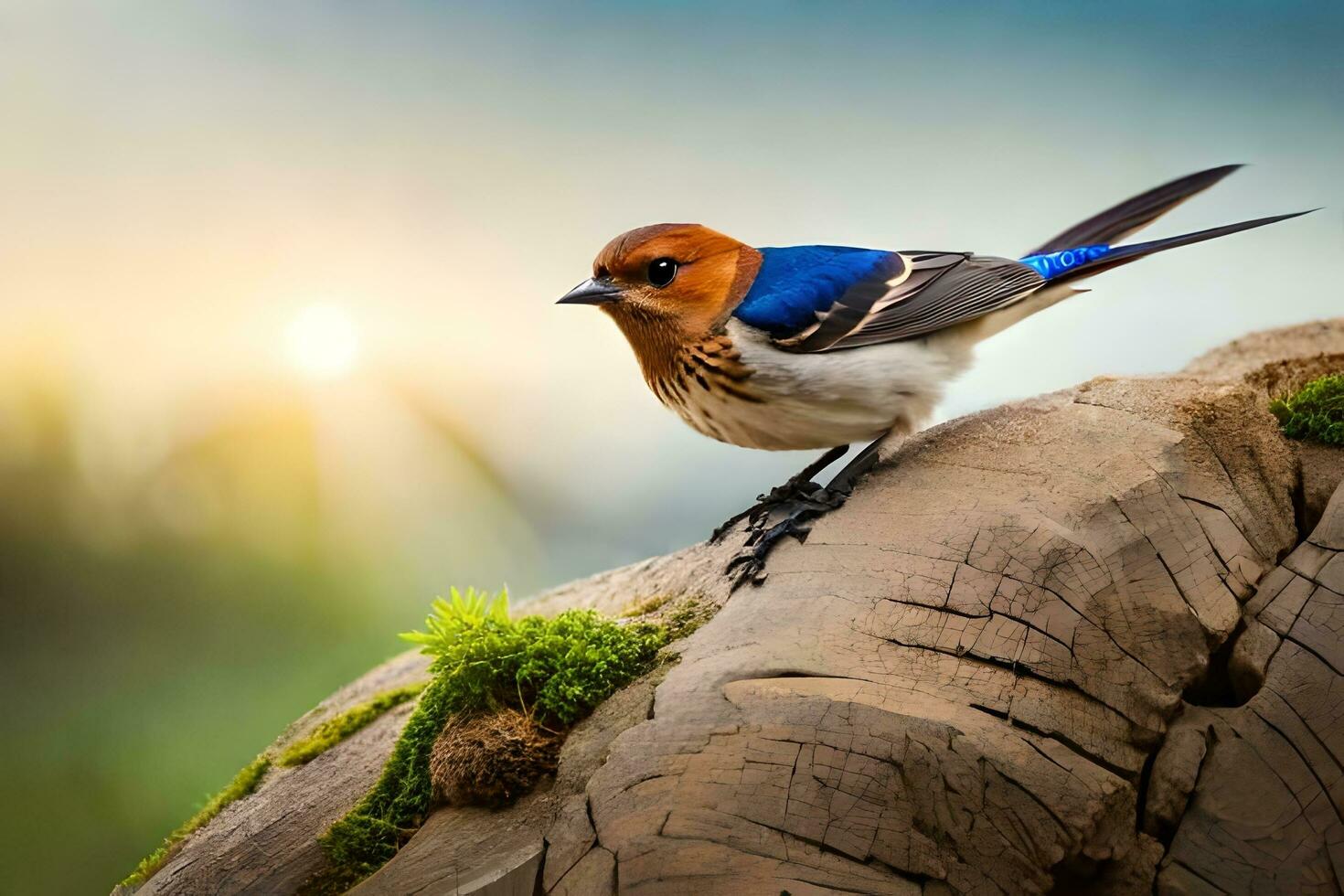 uma azul e branco pássaro é sentado em uma Rocha. gerado por IA foto