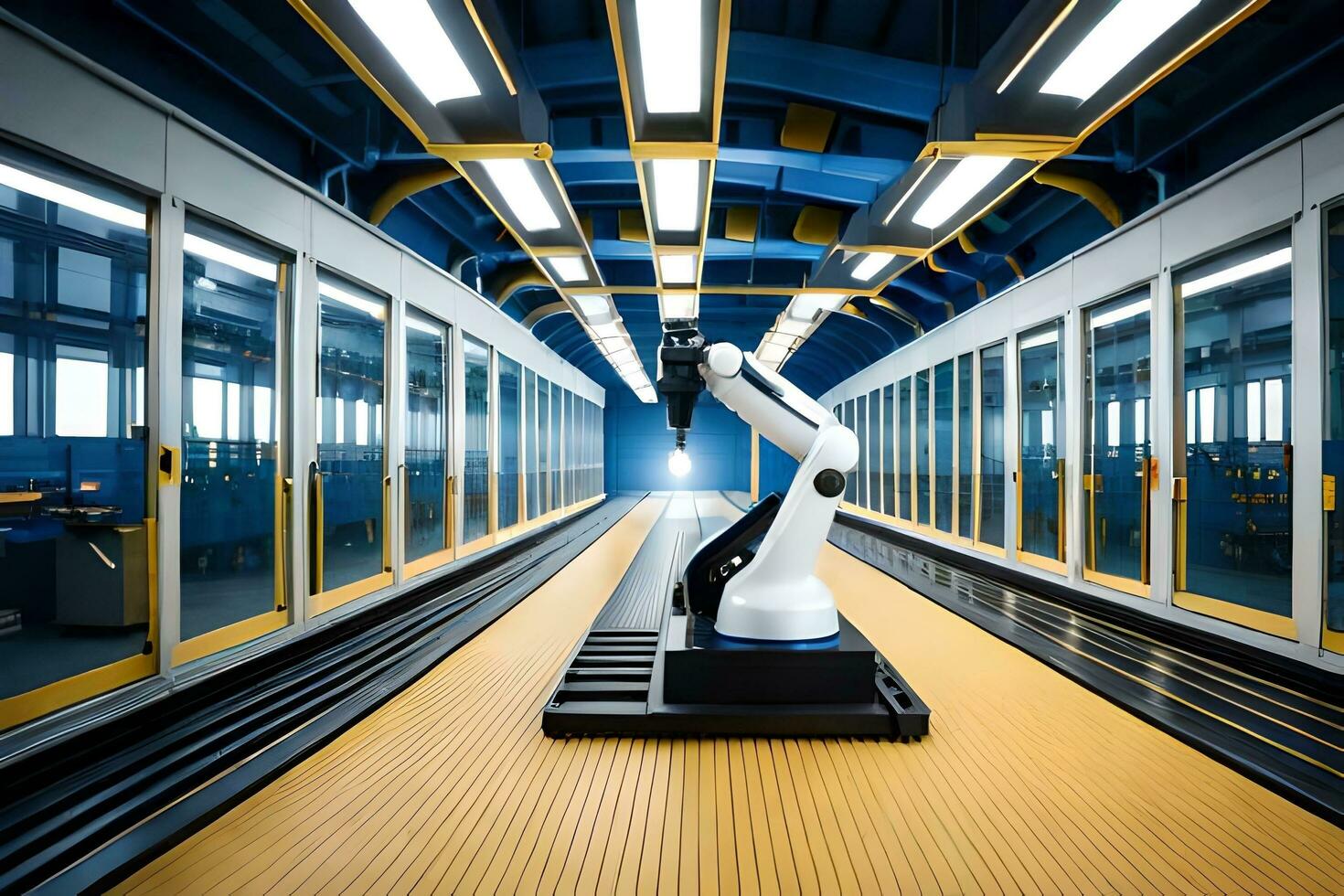 uma robô é em pé dentro uma ampla quarto com muitos janelas. gerado por IA foto