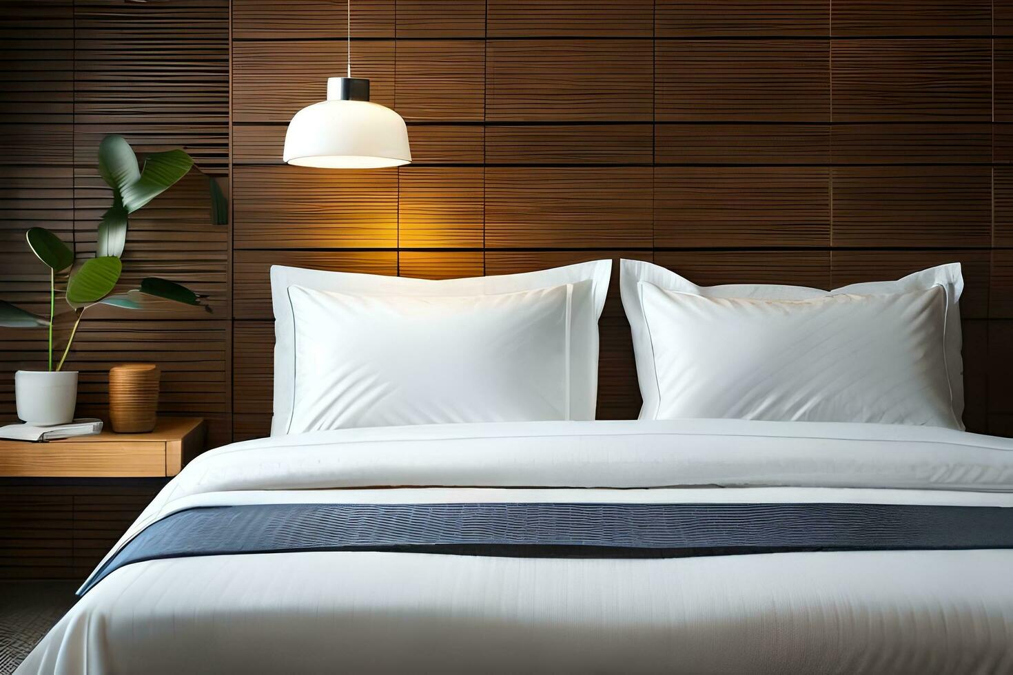uma branco cama com dois almofadas e uma lâmpada. gerado por IA foto