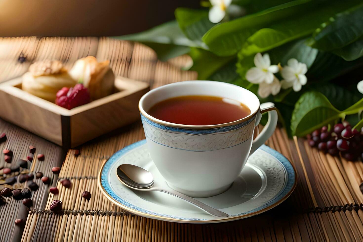 uma copo do chá é colocada em uma mesa com uma tigela do bagas e uma colher. gerado por IA foto