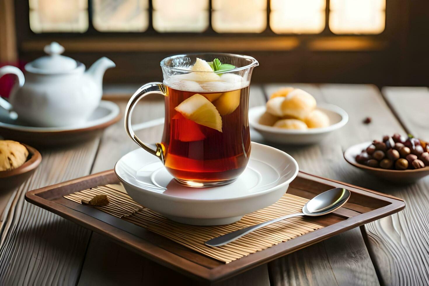 chá dentro uma copo em uma de madeira mesa. gerado por IA foto