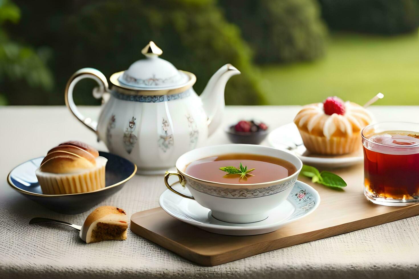 chá e bolos em uma mesa com uma Visão do a jardim. gerado por IA foto