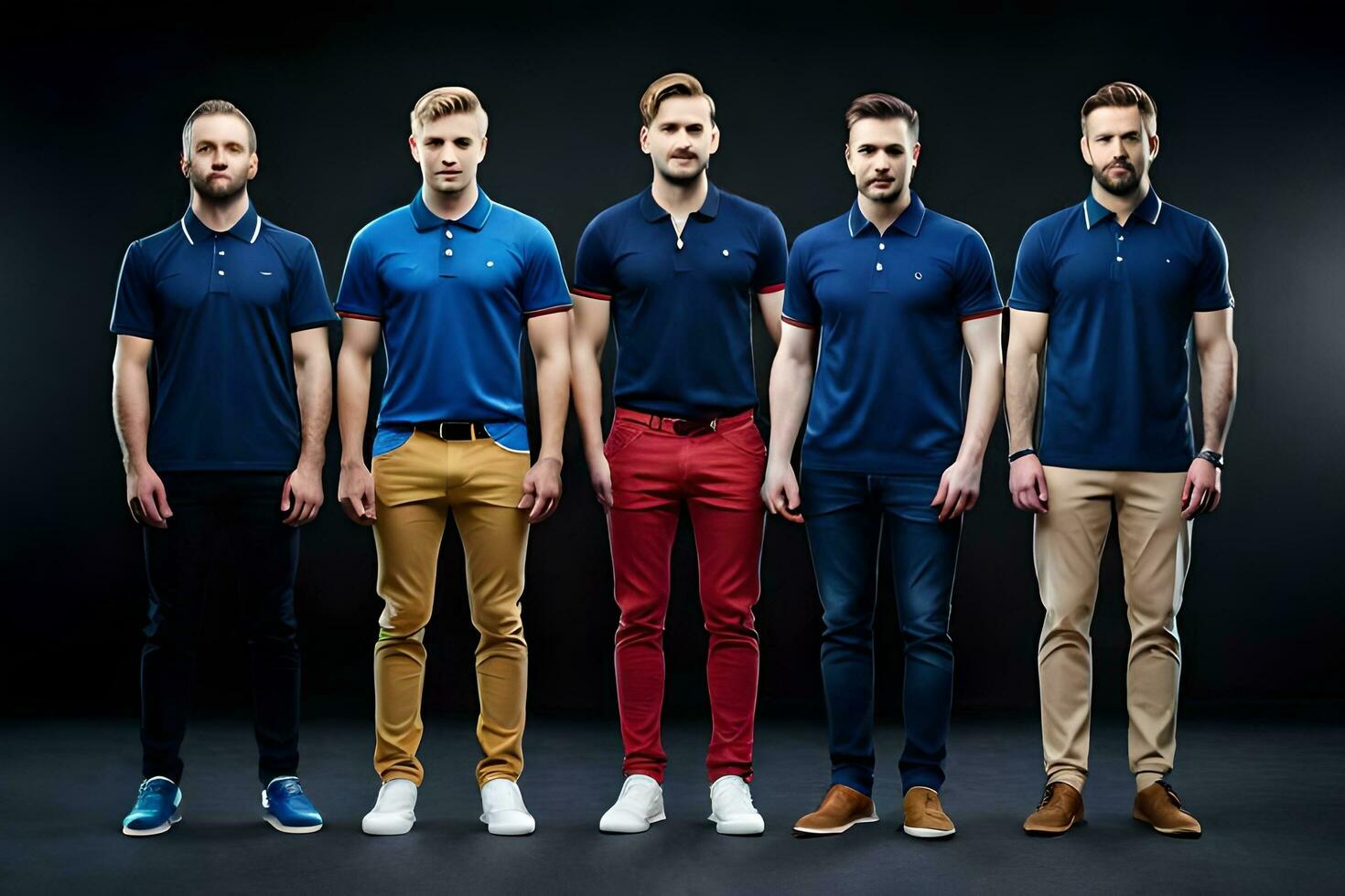 seis homens dentro azul polos em pé dentro frente do uma Preto fundo. gerado por IA foto