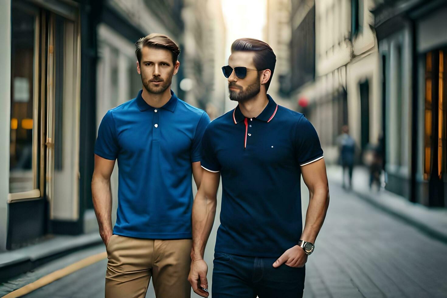 dois homens vestindo azul e Preto pólo camisas. gerado por IA foto