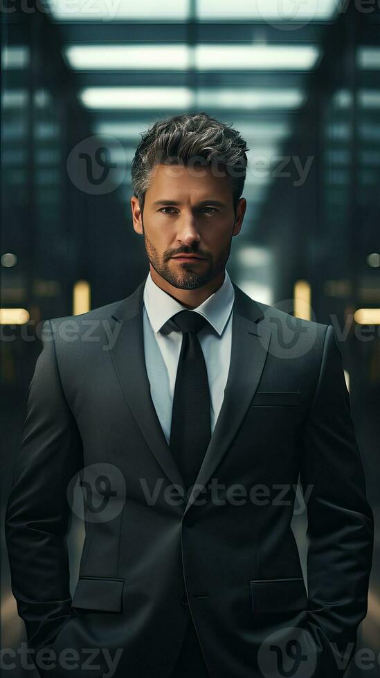 confiante homem de negocios retrato do sucesso. corporativo motivado líder. bonito homem dentro uma formal terno. generativo ai foto